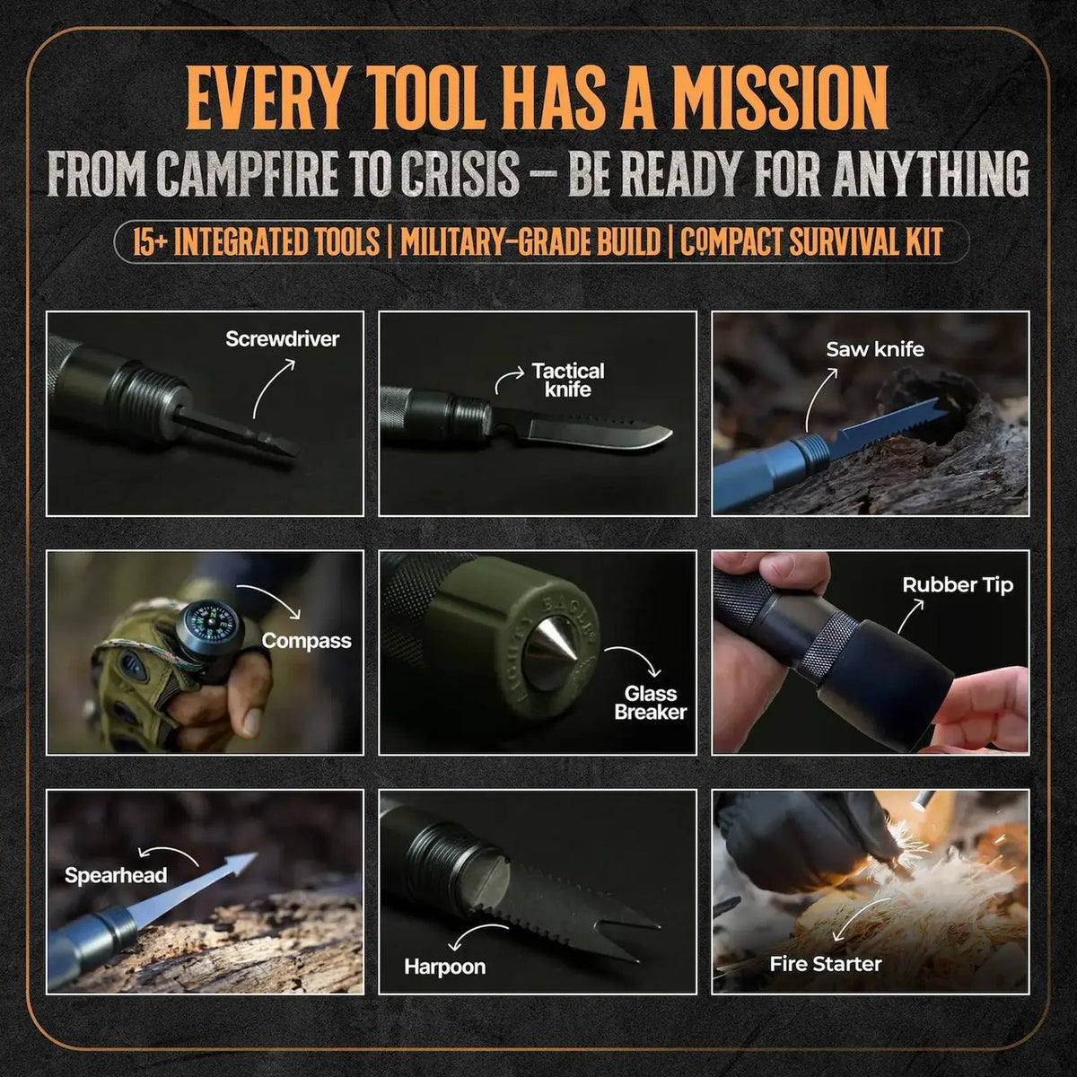 Tactical Hiking Stick w/ Integrated Survival Kit