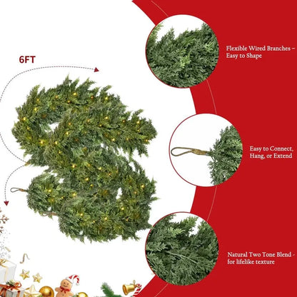 💥6 FT Artificial Cedar Garlands – Real Touch Winter Greenery
