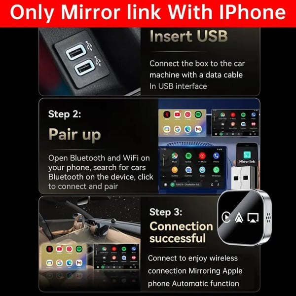 2025 Upgrade 3 in 1 Screen Mirror iOS Phone, wired to wireless Carplay adapter